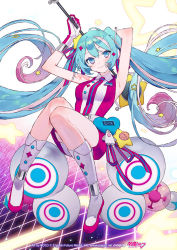 Rule 34 | 1girl, absurdly long hair, aqua hair, artist name, belt, blue bow, blue eyes, blue necktie, boots, bow, character name, closed mouth, collared dress, copyright name, copyright notice, dress, floating, floating hair, gradient eyes, gradient hair, hair between eyes, hatsune miku, headset, heart, holding, holding microphone, knees up, long hair, looking at viewer, magical mirai (vocaloid), magical mirai miku, magical mirai miku (2022), microphone, multicolored eyes, multicolored hair, multicolored necktie, necktie, noco (adamas), official art, pink bow, pink dress, pink eyes, pink footwear, pink hair, pink necktie, radio antenna, rocket ship, second-party source, sidelocks, sleeveless, smile, solo, spacecraft, star (symbol), two-tone bow, two-tone necktie, very long hair, vocaloid, white dress, white footwear