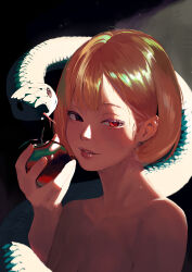 Rule 34 | 1girl, absurdres, animal, apple, blonde hair, breasts, cleavage, food, fruit, highres, holding, holding food, holding fruit, looking at viewer, original, red eyes, reptile, scales, short hair, small breasts, snake, solo, some1else45, tongue, tongue out, upper body