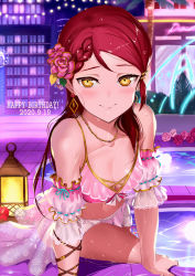 Rule 34 | 1girl, arm support, bare shoulders, bikini, bikini skirt, blush, braid, breasts, cleavage, closed mouth, collarbone, commentary request, dated, detached sleeves, earrings, flower, hair flower, hair ornament, happy birthday, highres, jewelry, jyon, lantern, leaning forward, looking at viewer, love live!, love live! sunshine!!, medium breasts, navel, necklace, neon lights, night, outdoors, palm tree, pink bikini, pink flower, pink rose, pool, red hair, rooftop, rose, sakurauchi riko, short sleeves, sitting, smile, solo, swimsuit, tree, water, wet, wet hair, yellow eyes