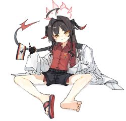 Rule 34 | 1girl, ahoge, black hair, black horns, black shorts, black tail, blue archive, blush, closed mouth, coat, collared shirt, demon horns, full body, hair intakes, halo, horns, kasumi (blue archive), lab coat, long hair, looking at viewer, osakanadream, red halo, red shirt, shirt, shirt tucked in, shorts, simple background, sleeves past fingers, sleeves past wrists, smile, solo, walkie-talkie, white background, white coat, yellow eyes
