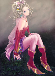 Rule 34 | 1990s (style), 1girl, blonde hair, blue eyes, boots, cape, detached sleeves, earrings, female focus, final fantasy, final fantasy vi, foolstream, full body, jewelry, long hair, nature, outdoors, pantyhose, ponytail, sitting, solo, tina branford