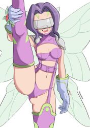 Rule 34 | 1girl, areola slip, armor, ass, boots, bra, breasts, cleavage, collarbone, digimon, digimon (creature), facial tattoo, facing viewer, fairimon, fairy, fairy wings, female focus, garter straps, gloves, gluteal fold, groin, holding legs, holding own leg, leg up, lingerie, mask, medium breasts, navel, nipple slip, nipples, open mouth, pabsmikan, panties, purple bra, purple hair, purple panties, shoulder armor, simple background, smile, solo, tattoo, teeth, thigh boots, tongue, underwear, visor (armor), white background, wings