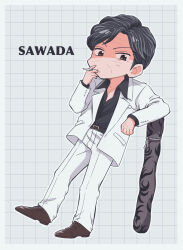 Rule 34 | 1boy, :/, black hair, black shirt, blazer, brown footwear, character name, cigarette, closed mouth, collared shirt, commentary request, formal, fukumoto mahjong, full body, grey background, grey hair, grid background, highres, holding, holding cigarette, jacket, looking at viewer, male focus, medium bangs, multicolored hair, pants, sawada (ten), shaded face, shirt, shoes, short hair, smoking, solo, standing, standing on one leg, streaked hair, suit, ten (manga), v-shaped eyebrows, weapon bag, white jacket, white pants, y (yism)