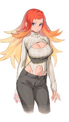 Rule 34 | 1girl, absurdres, bad id, bad pixiv id, blonde hair, breasts, cleavage, cleavage cutout, closed mouth, clothing cutout, eyelashes, highres, kokonotsunbai, long hair, multicolored eyes, multicolored hair, navel, navel cutout, orange eyes, orange hair, original, purple eyes, simple background, sleeves past wrists, solo, sweater, turtleneck, white background, white sweater