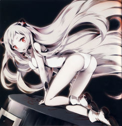 Rule 34 | 10s, 1girl, abyssal ship, airfield princess, all fours, ankle boots, ass, boots, full body, highres, horns, kantai collection, kneeling, long hair, looking at viewer, nyanya, open mouth, pale skin, personification, red eyes, scan, silver hair, solo, very long hair, white footwear