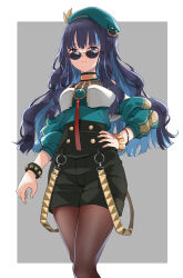 Rule 34 | 1girl, bare shoulders, beret, black hair, black shorts, blue hair, bracelet, breasts, brown pantyhose, buttons, colored inner hair, double-breasted, fate/grand order, fate (series), green hat, green jacket, grey eyes, hat, highres, jacket, jewelry, long hair, looking at viewer, multicolored hair, neck ring, o-ring, off shoulder, pantyhose, round eyewear, sakana (kuraki1204), shorts, sidelocks, small breasts, solo, sunglasses, tenochtitlan (fate), tenochtitlan (second ascension) (fate), thighs, wavy hair, zipper