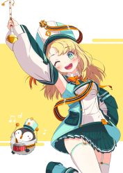 Rule 34 | 1girl, absurdres, arm up, band uniform, bird, blonde hair, detached sleeves, drum, fukurou (hukurou), garter straps, green eyes, hat, highres, instrument, majorette, marching band, marching band baton, multicolored hair, one eye closed, one side up, orange hair, pengin pina, penguin, penguin girl, pleated skirt, prism project, sailor collar, sash, shako cap, skirt, solo, thighhighs, two-tone hair, virtual youtuber
