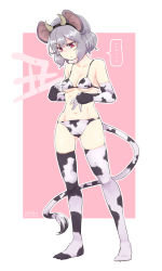 Rule 34 | ..., 1girl, animal ears, animal print, bare shoulders, bikini, border, breasts, closed mouth, collarbone, cow horns, cow print, cow tail, dra (area-s), elbow gloves, fake horns, full body, gloves, grey hair, hair between eyes, highres, horns, kanji, mouse ears, nazrin, red eyes, short hair, small breasts, solo, spoken ellipsis, swimsuit, tail, thighhighs, touhou, white bikini, white border, white gloves, white thighhighs