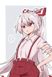 Rule 34 | ..., 1girl, border, bow, collared shirt, commentary, cross-eyed, frown, fujiwara no mokou, grey background, hair between eyes, hair bow, hand on own hip, long hair, open mouth, outline, pants, ponytail, red eyes, red pants, shio (futatsumami), shirt, short sleeves, solo, spoken ellipsis, suspenders, symbol-only commentary, torn clothes, touhou, upper body, very long hair, white border, white hair, white outline, white shirt