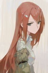 Rule 34 | 1girl, arm strap, blue eyes, breasts, brown jacket, closed mouth, collared shirt, commentary, dino (dinoartforame), expressionless, from side, hair between eyes, hair intakes, highres, jacket, long hair, looking at viewer, makise kurisu, off shoulder, open clothes, open jacket, red hair, shirt, small breasts, solo, steins;gate, straight hair, upper body, white shirt, wing collar