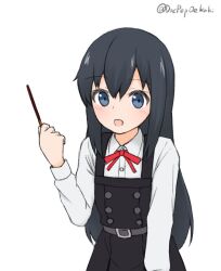 Rule 34 | 1girl, :d, asashio (kancolle), asashio kai ni (kancolle), belt, black belt, black dress, black hair, blue eyes, blush, buttons, collared shirt, commentary request, cowboy shot, doc pep, dress, dress shirt, food, hair between eyes, hand up, holding, holding food, holding pocky, kantai collection, long hair, long sleeves, looking at viewer, neck ribbon, open mouth, pinafore dress, pocky, red ribbon, ribbon, shirt, sidelocks, simple background, sleeveless, sleeveless dress, smile, solo, standing, twitter username, very long hair, white background, white shirt