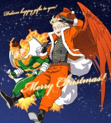 Rule 34 | 2boys, alternate costume, armor, bodysuit, boku no hero academia, christmas, covered abs, endeavor (boku no hero academia), english text, facial hair, feathered wings, fire, floating, full body, gift bag, green bodysuit, hat, hawks (boku no hero academia), highres, looking to the side, male focus, merry christmas, multiple boys, muscular, muscular male, orange pants, p (pppppppppq), pants, pauldrons, pectorals, red wings, salute, santa costume, santa hat, short hair, shoulder armor, sideburns, sky, star (sky), starry sky, stubble, wings
