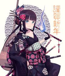 Rule 34 | 1girl, absurdres, blue eyes, blue fire, blunt bangs, blush, breasts, daisi gi, fate/grand order, fate (series), fire, flute, highres, instrument, japanese clothes, kimono, long hair, long sleeves, looking at viewer, medium breasts, obi, off shoulder, pipa (instrument), purple hair, sash, sidelocks, smile, solo, very long hair, wide sleeves, yang guifei (fate)