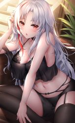 Rule 34 | 1girl, :o, azur lane, bare shoulders, black bra, black camisole, black nails, black shorts, black thighhighs, blush, bra, breasts, camisole, cleavage, commentary request, fingernails, hand in own hair, hand up, highres, indoors, large breasts, long hair, looking at viewer, midriff, mole, mole on breast, multicolored hair, nail polish, navel, official alternate costume, on chair, oyuwari, parted bangs, red eyes, red hair, short shorts, shorts, sitting, solo, stairs, stomach, streaked hair, tallinn (azur lane), tallinn (nostalgic pilsner) (azur lane), thighhighs, underwear, very long hair, white hair