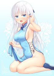 Rule 34 | 1girl, armpits, bare arms, bare shoulders, blue background, blue dress, blue eyes, blue footwear, blush, breasts, china dress, chinese clothes, commission, dress, floral background, gradient background, hair ornament, hairclip, hand up, highres, long hair, looking at viewer, medium breasts, nakamura hinato, naruse shiroha, no panties, open mouth, pelvic curtain, shoes, sideboob, sitting, skeb commission, sleeveless, sleeveless dress, solo, sparkle, summer pockets, very long hair, wariza, white background, white hair