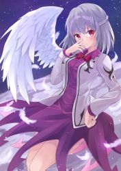 Rule 34 | 1girl, angel wings, blush, bow, bowtie, braid, breasts, brown footwear, buttons, closed mouth, cloud, collared shirt, commentary request, dress, feathers, fog, french braid, hair between eyes, hand on own hip, hand to own mouth, jacket, kishin sagume, large breasts, long sleeves, looking at viewer, medium breasts, moon, night, night sky, purple dress, ramie (ramie541), red bow, red bowtie, red eyes, shiny skin, shirt, short hair, silver hair, single wing, sky, solo, space, star (sky), starry sky, thighs, touhou, white wings, wings