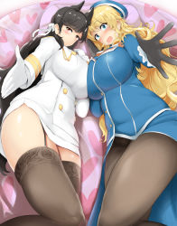 Rule 34 | 2girls, atago (azur lane), atago (kancolle), azur lane, bed, black hair, blonde hair, blue eyes, blush, breast press, breasts, brown eyes, closed mouth, commentary request, crossover, garter straps, gloves, heart, highres, huge breasts, kantai collection, long hair, looking at viewer, lying, military, military uniform, miniskirt, mizuyan, multiple girls, name connection, on bed, on side, open mouth, pantyhose, pencil skirt, skirt, smile, symmetrical docking, thighhighs, thighs, uniform