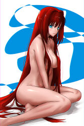 Rule 34 | 1girl, absurdres, aozaki aoko, between legs, blue background, blue eyes, breasts, closed mouth, commentary, completely nude, english commentary, fukou, hair between eyes, hair intakes, hair over breasts, hand between legs, highres, large breasts, long hair, looking at viewer, mahou tsukai no yoru, nude, red hair, simple background, sitting, solo, tsukihime, two-tone background, white background, yokozuwari
