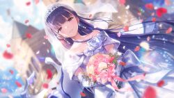 Rule 34 | blue hair, bouquet, bridal veil, bride, church, collarbone, dress, earrings, elbow gloves, flower, gloves, heaven burns red, highres, holding, holding bouquet, jewelry, long hair, non-web source, official art, outdoors, petals, red eyes, satsuki mari, strapless, strapless dress, tears, veil, wedding dress, white dress, white gloves