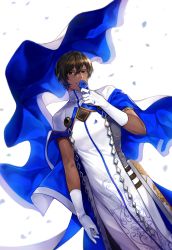 Rule 34 | 1boy, arjuna (fate), brown eyes, brown hair, cape, dark skin, dark-skinned male, fate/grand order, fate (series), flower, gijang, gloves, hair between eyes, highres, holding, holding flower, indian clothes, long sleeves, looking at viewer, male focus, short hair, simple background, solo, white background, white cape, white gloves