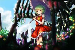 Rule 34 | 1girl, ascot, bad id, bad twitter id, blue sky, blurry, boots, cloud, day, flower, frills, green hair, jpeg artifacts, kazami yuuka, looking at viewer, md5 mismatch, nature, parasol, parted lips, puffy sleeves, pyonsuke (pyon2 mfg), red eyes, resized, shirt, short hair, short sleeves, skirt, skirt set, sky, solo, touhou, umbrella, upskirt, vest