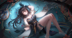 Rule 34 | 1girl, aqua eyes, bare shoulders, barefoot, beads, black hair, breasts, chinese clothes, cleavage, clothing cutout, dress, gloves, highres, honkai: star rail, honkai (series), instrument, jewelry, legs, ling dianxia, long hair, medium breasts, necklace, ruan mei (honkai: star rail), shamisen, short sleeves, shoulder cutout, solo, thighs