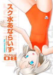 Rule 34 | 1girl, blue eyes, botsuyon, commentary request, cover, cowboy shot, flat chest, forehead, hair strand, highres, new school swimsuit, one-piece swimsuit, orange one-piece swimsuit, original, school swimsuit, short hair, solo, swimsuit, upside-down, white hair