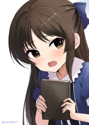 Rule 34 | 1girl, absurdres, blue bow, blue shirt, bow, brown eyes, brown hair, hair bow, highres, idolmaster, idolmaster cinderella girls, idolmaster cinderella girls u149, leaning forward, long hair, looking at viewer, open mouth, roccamoya, shirt, short sleeves, simple background, sketch, solo, tachibana arisu, twitter username, upper body, white background