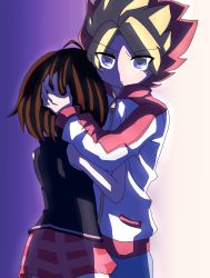 Rule 34 | 1boy, 1girl, blonde hair, blue eyes, brown hair, couple, hand on another&#039;s head, haruka (saru getchu), highres, holding another&#039;s head, hug, jacket, kakeru (saru getchu), looking at viewer, pants, pointy hair, red hair, saru getchu, serious, short hair, skirt, sony