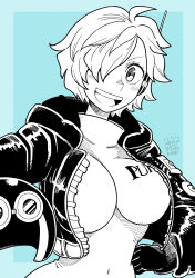 Rule 34 | 1girl, 2022, absurdres, adjusting clothes, artist request, bodysuit, breasts, covered navel, dated, eyelashes, gloves, greyscale with colored background, hair over one eye, helmet, highres, holding, holding helmet, jacket, large breasts, looking at viewer, one piece, open mouth, short hair, simple background, smile, solo, thick thighs, thighs, vegapunk lilith, wide hips