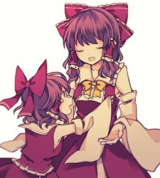Rule 34 | 2girls, bad id, bad twitter id, bow, bowtie, brown hair, closed mouth, collared shirt, cowboy shot, detached sleeves, frilled hair tubes, frills, hair bow, hair tubes, hakurei reimu, joou heika (precare deum), looking at another, medium hair, mother and daughter, multiple girls, nontraditional miko, open mouth, red bow, red shirt, red skirt, shirt, sidelocks, simple background, skirt, smile, standing, touhou, white background, wide sleeves, yellow bow, yellow neckwear