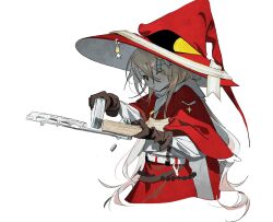 1girl black_gloves blonde_hair capelet cerevevisiae closed_mouth gloves hair_ornament hat highres holding holding_weapon long_hair looking_at_viewer medal one_eye_closed original red_capelet red_hat red_skirt shirt simple_background skirt solo star_(symbol) weapon white_background white_shirt witch_hat