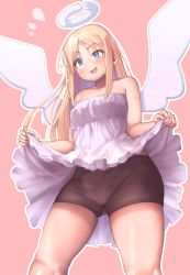 Rule 34 | 1other, androgynous, angel, angel wings, bare shoulders, bike shorts, black shorts, blonde hair, blue eyes, blush, broken halo, bulge, clothes lift, contrapposto, crimvael, crotch seam, dress, dress lift, gluteal fold, halo, hermaphrodite, highres, ishuzoku reviewers, lifted by self, long hair, open mouth, other focus, pink background, shorts, skindentation, smile, smirk, solo, strapless, strapless dress, sweatdrop, thighs, tube dress, wavy mouth, white dress, wince, wings, yana (nekoarashi)