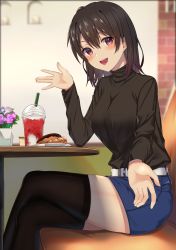 Rule 34 | 1girl, absurdres, belt, black shirt, black thighhighs, blush, breasts, brown hair, commentary request, denim, denim skirt, doughnut, drinking straw, food, from side, highres, jun (aousa0328), large breasts, long sleeves, looking at viewer, open mouth, pink eyes, shirt, sitting, skirt, smile, solo, teeth, thighhighs, upper teeth only, white belt, yahari ore no seishun lovecome wa machigatteiru., yukinoshita haruno