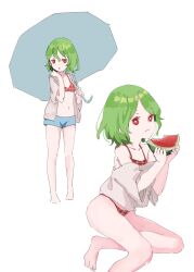 Rule 34 | 1girl, adapted costume, aged down, bikini, blue shorts, commentary, food, fruit, green hair, highres, holding, holding food, holding umbrella, jacket, kazami yuuka, looking at viewer, multiple views, one-hour drawing challenge, petite, plaid, plaid bikini, red bikini, red eyes, short hair, short shorts, shorts, swimsuit, tohoyuukarin, touhou, umbrella, watermelon, white jacket