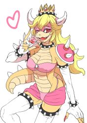 Rule 34 | 1girl, ;), armlet, blonde hair, bowser, bracelet, breasts, collar, crop top, crown, fire, heart, jewelry, looking at viewer, mario (series), midriff, monster girl, nail polish, nintendo, one eye closed, princess peach, scales, simple background, smile, spiked armlet, spiked bracelet, spikes, tail, thighhighs, white thighhighs