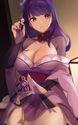 Rule 34 | 1girl, absurdres, breasts, bridal gauntlets, cleavage, cleavage cutout, clothing cutout, commentary request, cowboy shot, genshin impact, hand up, haneramu, highres, holding, indoors, japanese clothes, kimono, large breasts, long hair, long sleeves, looking at viewer, mimikaki, mole, mole under eye, obi, parted lips, purple eyes, purple hair, purple kimono, raiden shogun, sash, solo, wide sleeves