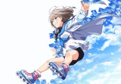 Rule 34 | 1girl, bike shorts, black shorts, blue eyes, blue jacket, blue neckerchief, blue sky, blush, commentary, day, earrings, from side, full body, goggles, goggles around neck, grin, highres, holding, idolmaster, idolmaster shiny colors, jacket, jewelry, jumping, light brown hair, long sleeves, nagami tami, neckerchief, roller skates, sailor collar, sailor shirt, serizawa asahi, shirt, short hair, shorts, skates, sky, smile, solo, white background, white shirt