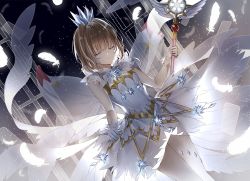 Rule 34 | 1girl, brown hair, cardcaptor sakura, closed eyes, crown, dress, feathers, gloves, has bad revision, has cropped revision, kinomoto sakura, lium, magical girl, md5 mismatch, resolution mismatch, short hair, solo, source larger, wand, white gloves, white wings, wings, yume no tsue