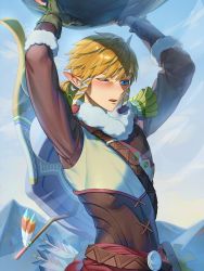 Rule 34 | 1boy, arms up, arrow (projectile), belt, blonde hair, blue background, blue eyes, boulder, brown jacket, carrying overhead, cross-laced clothes, fur-trimmed jacket, fur trim, gloves, green gloves, hair ribbon, highres, jacket, link, male focus, nintendo, open mouth, partially fingerless gloves, pointy ears, ribbon, shield, shield on back, short hair, short ponytail, shoulder belt, sidelocks, solo, squinting, the legend of zelda, the legend of zelda: breath of the wild, upper body, weapon, weapon on back, zzom b