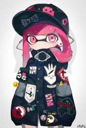 Rule 34 | 1girl, armband, bad id, bad pixiv id, baseball cap, black hat, black jacket, blunt bangs, closed mouth, clothes pin, diffraction spikes, earrings, emblem, golden egg, grey background, hair ornament, hat, highres, inkling, inkling (language), inkling girl, inkling player character, jacket, jewelry, light frown, logo, long hair, long sleeves, looking at viewer, nintendo, octoshot (splatoon), pink eyes, pink hair, pointy ears, print headwear, print jacket, sign, sleeves past fingers, sleeves past wrists, solo, splatoon (series), splatoon 2, squid, standing, tentacle hair, unitoon, upper body, warning sign