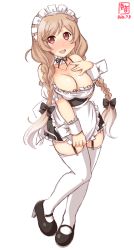 Rule 34 | 1girl, alternate costume, apron, artist logo, black skirt, blouse, braid, breasts, cleavage, cloud hair ornament, commentary request, dated, detached collar, enmaided, frilled apron, frilled shirt, frilled skirt, frills, full body, garter straps, gradient hair, highres, kanon (kurogane knights), kantai collection, large breasts, light brown hair, long hair, looking at viewer, low twin braids, maid, maid headdress, minegumo (kancolle), multicolored hair, pleated skirt, red eyes, shirt, simple background, skirt, solo, standing, thighhighs, twin braids, waist apron, white apron, white background, white shirt, white thighhighs
