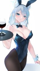 Rule 34 | 1girl, absurdres, alternate costume, animal ears, bare shoulders, black bow, black leotard, blue archive, blue eyes, bow, bowtie, breasts, cleavage, covered navel, cowboy shot, cup, detached collar, drinking glass, fake animal ears, hair ornament, highres, holding, holding tray, kazane-wind, leotard, looking at viewer, pantyhose, playboy bunny, rabbit ears, shiroko (blue archive), short hair, solo, strapless, strapless leotard, tray, wrist cuffs