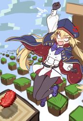 1girl absurdres anger_vein artoria_caster_(fate) artoria_caster_(second_ascension)_(fate) artoria_pendragon_(fate) beret blonde_hair blue_cape blue_hat blush cape dress ebora fate/grand_order fate_(series) gloves hat highres jumping long_hair long_sleeves minecraft open_mouth pantyhose parkour_civilization sharp_teeth short_dress solo teeth twintails white_dress