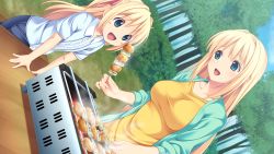 Rule 34 | 10s, 2girls, blonde hair, blue eyes, character request, food, game cg, grill, highres, kagurazaka namine, koutaro, long hair, multiple girls, open mouth, tropical kiss, tropical vacation, twinkle (company)