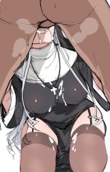 Rule 34 | ak-12 (girls&#039; frontline), clothed female nude male, cross, cross necklace, cum, cum on clothes, deepthroat, facial, fellatio, garter straps, girls&#039; frontline, highres, irrumatio, jewelry, kneeling, ndgd, necklace, nude, nun, oral, penis, sex, thighhighs