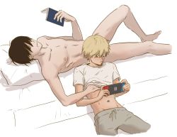 Rule 34 | 2boys, abs, aftersex, bare arms, bare legs, bare shoulders, barefoot, bed, black eyes, black hair, blonde hair, book, casual nudity, chainsaw man, clothed male nude male, clothes lift, collarbone, completely nude, couple, denji (chainsaw man), expressionless, grabbing, grey legwear, groping, hair between eyes, hand under clothes, heureoreo, highres, holding, holding book, leaning on person, looking at another, lying, male focus, mole, mole under mouth, multiple boys, nintendo, nintendo switch, nipples, nude, on back, on bed, pale skin, pants, pectoral grab, pillow, playing games, reading, reclining, scene reference, shirt, shirt lift, short hair, short sleeves, smile, stomach, sweatpants, t-shirt, topless male, track pants, white shirt, yaoi, yellow eyes, yoshida hirofumi