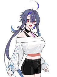 Rule 34 | 1girl, ahoge, asymmetrical hair, azur lane, black shorts, breasts, cowboy shot, crop top, crop top overhang, detached collar, fang, foch (azur lane), foch (rainbow rendezvous) (azur lane), grey hair, highres, long hair, long sleeves, looking at viewer, medium breasts, multicolored hair, off-shoulder sweater, off shoulder, official alternate costume, ohisashiburi, open mouth, purple hair, red eyes, shorts, simple background, sketch, skin fang, sleeves past wrists, smile, solo, sweater, white background, white sweater