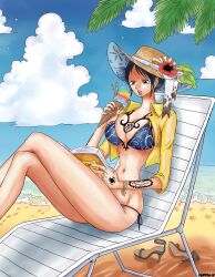 Rule 34 | 1girl, arm tattoo, bare legs, beach, beach chair, bikini, black hair, blue bikini, blue sky, book, breast tattoo, breasts, cleavage, cloud, commentary, crossed legs, day, earrings, flower, food, genderswap, genderswap (mtf), hair ornament, hand tattoo, hand up, hat, hat flower, high heels, highres, holding, holding book, holding ice cream cone, ice cream, ice cream cone, jewelry, large breasts, namnam op, navel, ocean, on chair, one piece, open clothes, open mouth, outdoors, palm leaf, palm tree, red flower, red nails, ribbon, sand, shirt, shoes, short hair, side-tie bikini bottom, sitting, sky, solo, sun hat, swimsuit, symbol-only commentary, tattoo, teeth, thighs, trafalgar law, tree, unworn shoes, water, yellow eyes, yellow shirt