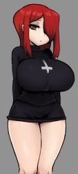 Rule 34 | 1girl, black sweater, breasts, closed mouth, cropped legs, cross, cross necklace, grey background, hair over one eye, half-closed eyes, jewelry, jorin, large breasts, long hair, long sleeves, looking at viewer, necklace, parasoul (skullgirls), red hair, simple background, skirt, skullgirls, solo, sweater, turtleneck, turtleneck sweater, yellow eyes